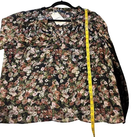 Mango Floral Print Sheer Blouse US 12 Black Multicolor Long Sleeve Lightweight - Picture 7 of 12